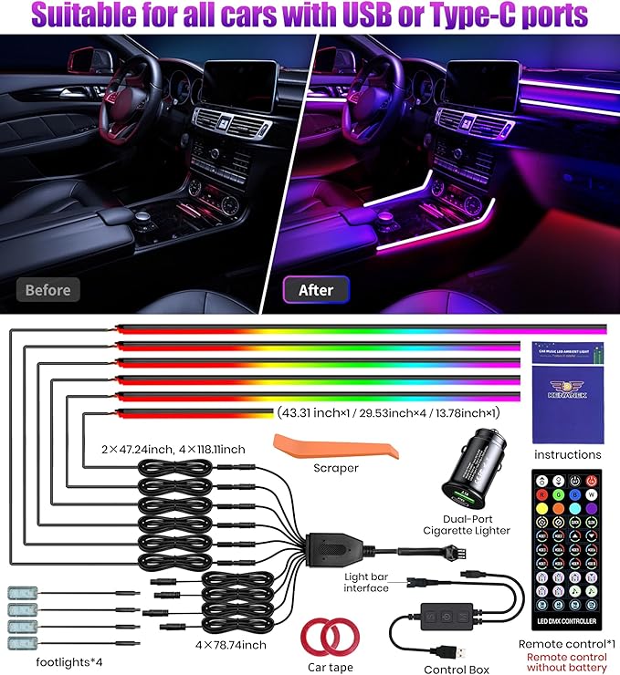 KENANEK 175’’ Acrylic Car Ambient Lighting Kit – 6 LED Light Strips + 4 Footwell Lights, RGB Interior Lights with APP/Remote/Control Box, Music Sync, Dual USB Power, Universal Fit