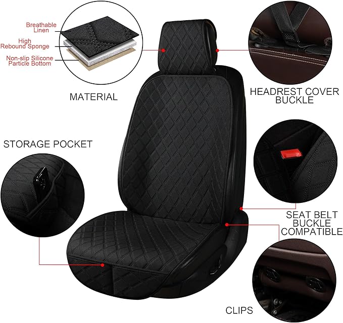 ENOGE Linen Car Seat Cover, Front Car Seat Covers, Driver Seat Protector with Soft & Breathable Cloth Fabric for All Seasons Universal Fits Most Automotive, Van, SUV, Truck (Black, 1 Front)