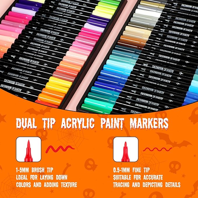 48 Colors Acrylic Paint Markers, Dual Tip with Fine Tip and Brush Tip Pens for Stone, Wood, Calligraphy, Canvas, Ceramic, Metal, Glass, Rock Painting, DIY Crafts