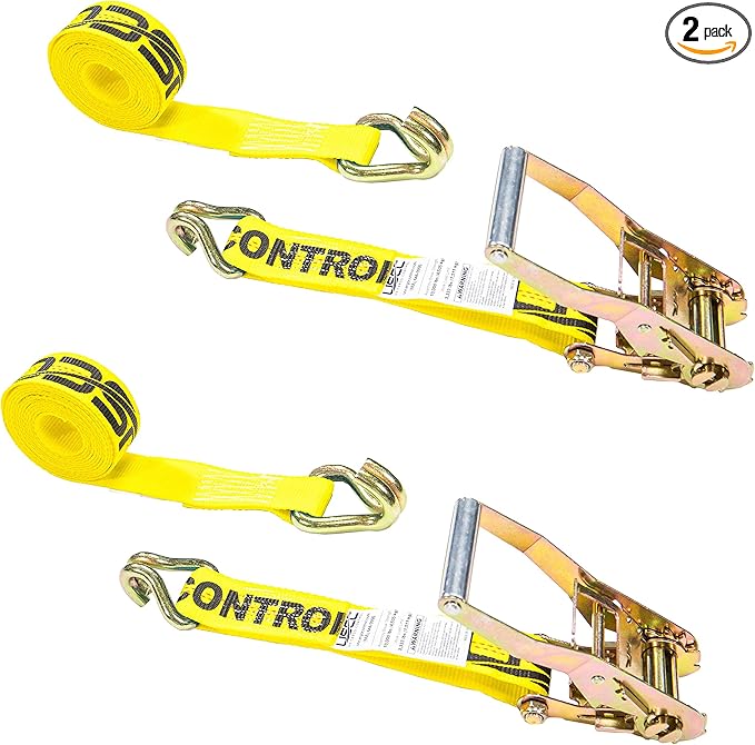 US Cargo Control J Hook Ratchet Straps 2 Inch x 18 Foot (2-Pack), 10,000 LBS Break Strength, Heavy Duty Ratchet Straps with Double J-Hooks, Versatile Tie Downs for Trucks, Trailers, Securing Cargo