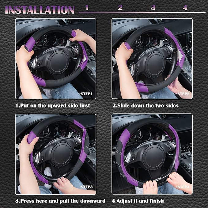 CAR PASS Line Rider Microfiber Leather Sporty 14.5-15 inch Steering Wheel Cover Universal Fits for 95% Truck,SUV,Cars, Anti-Slip Safety Comfortable Design (Black Purple)