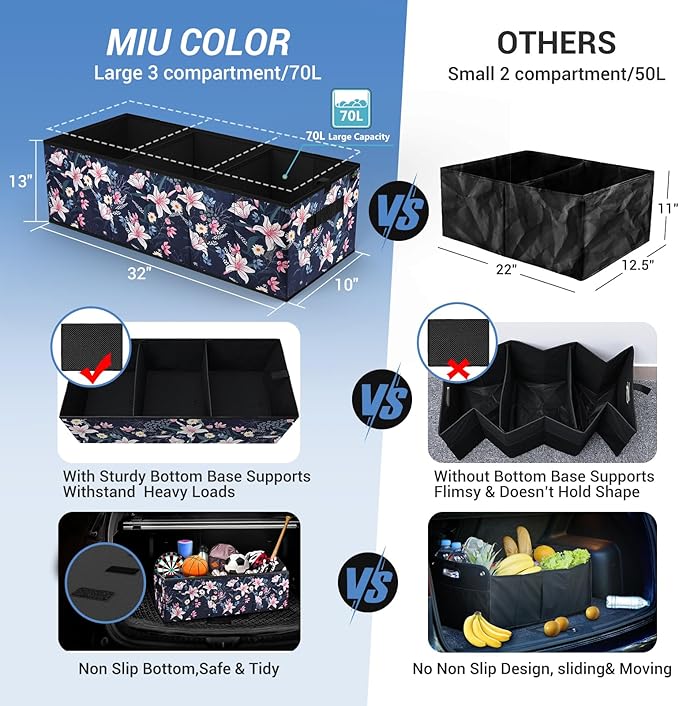 MIU COLOR Trunk Organizer for Car, Car Organizer, Sturdy Trunk Organizer for SUV, Non-Slip Bottom, Storage Organizer for Sedans, Van, Jeep, Grocery, Large 3 Compartments, Floral 32"×13"×10.6"