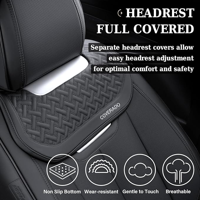 Coverado Car Seat Covers Full Set, Luxury Nappa Leather Seat Cover, Universal Seat Covers for Cars, Front and Back Waterproof Seat Cover Car Seat Protector Fit for Most Cars(Black)