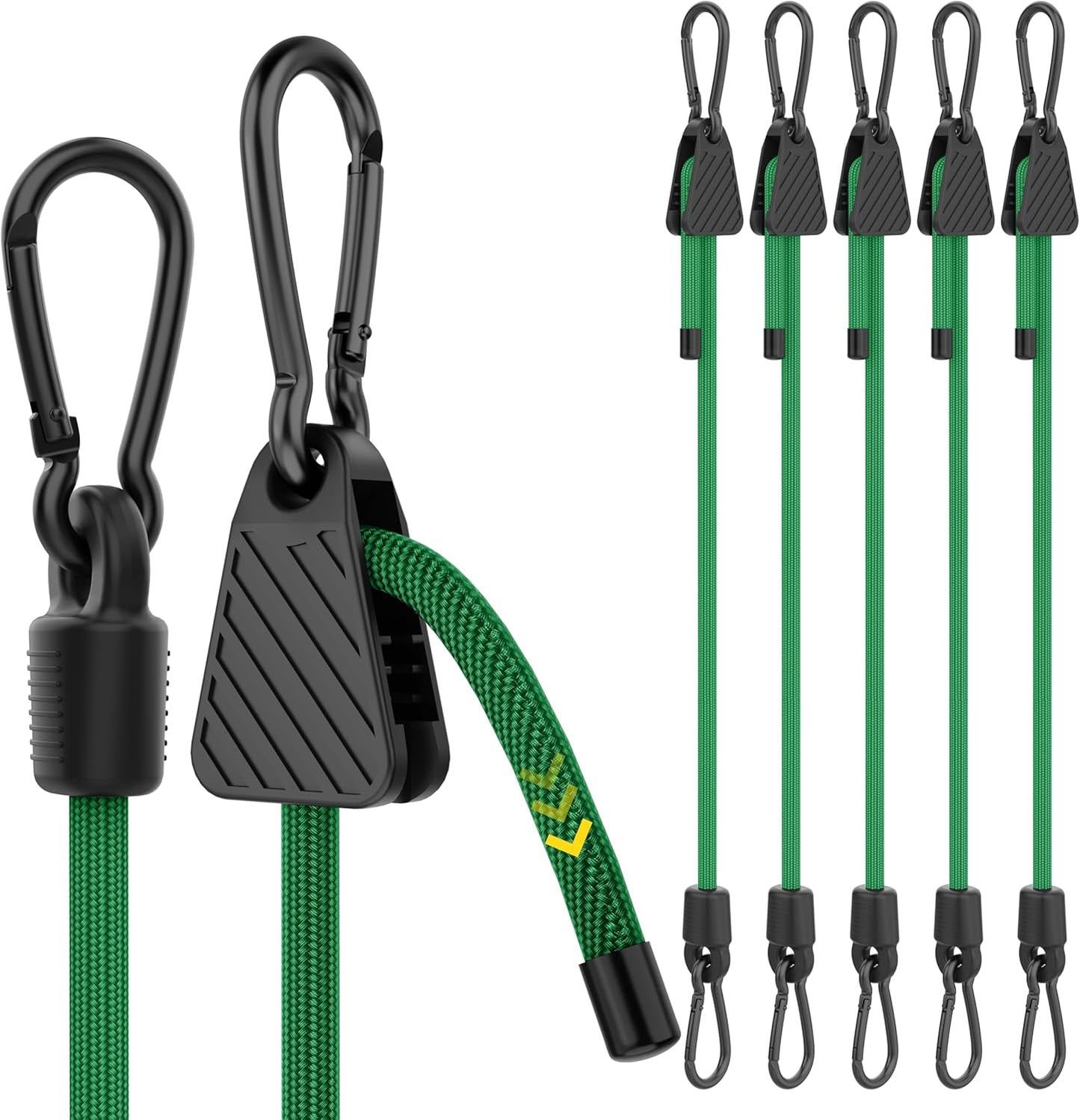 Bungee Cords with Hooks, 48 Inch Adjustable Green Bungee Cords with Carabiner Heavy Duty Outdoor, 8mm Thick Easy to Adjust Bungee Rope UV Resistant for Truck Bed, Bike Rack, Trash Can, Moving, 6 Pack