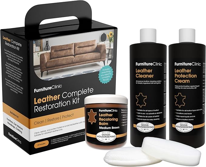Furniture Clinic Leather Complete Restoration Kit | with Leather Recoloring Balm, Cleaner, 2-in-1 Protection Cream & Conditioner, Sponge, and Cloth | Repair Kit for Furniture (Medium Brown)