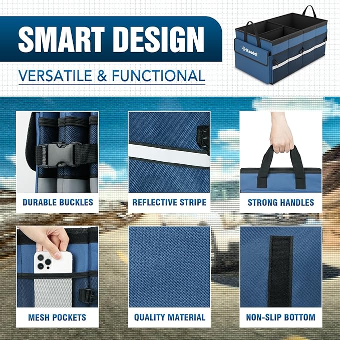 K KNODEL Car Trunk Organizer with Lid, Collapsible Car Trunk Storage Organizer, Car Organizer and Storage for SUV, Truck, Sedan (Medium, Blue)