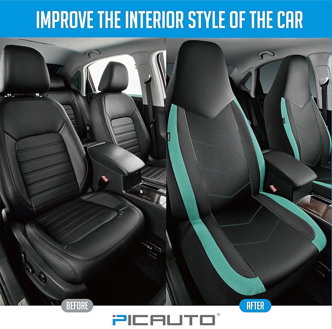 PIC AUTO Leather Car Seat Covers, Sports Carbon Fiber & Mesh Design, High-Back Two Front Set, Waterproof Automotive Seat Covers, Airbag Compatible, Universal Fit for Most Cars (Black & Mint)