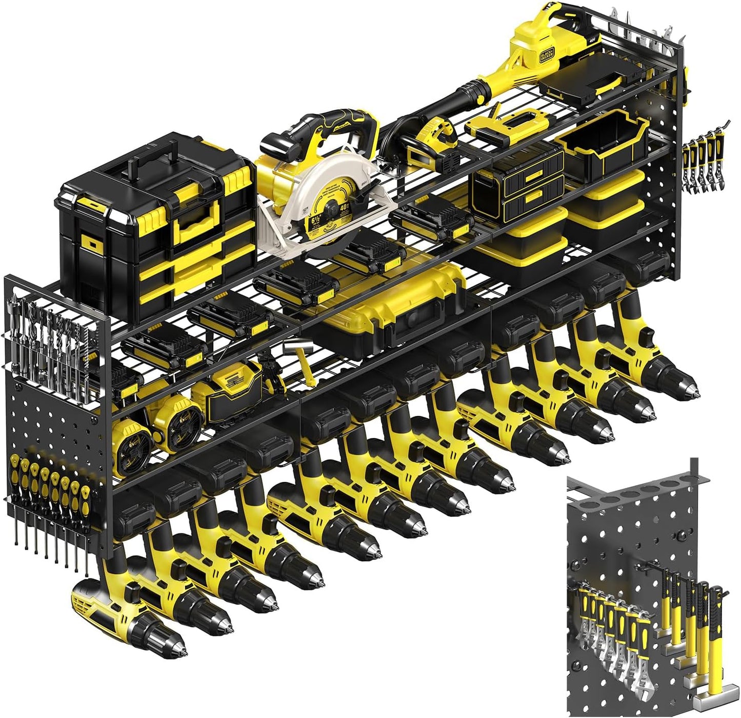 Power Tool Organizer Wall Mount, 49" Heavy Duty 4-Tier Garage Storage Shelf with 12 Drills Holder, Pegboard Side Panels,4 Long Hooks, Large Tool Battery Holder Metal Tool Shelf Rack