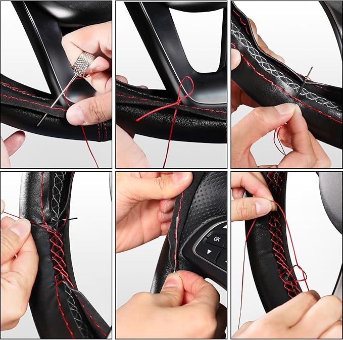 SEG Direct Genuine Leather Steering Wheel Cover, Stitch On Wrap, 15 Inch Steering Wheel Wrap for Car Truck SUV Pickup Boat, DIY Sewing with Needle Thread, Black with Red Thread