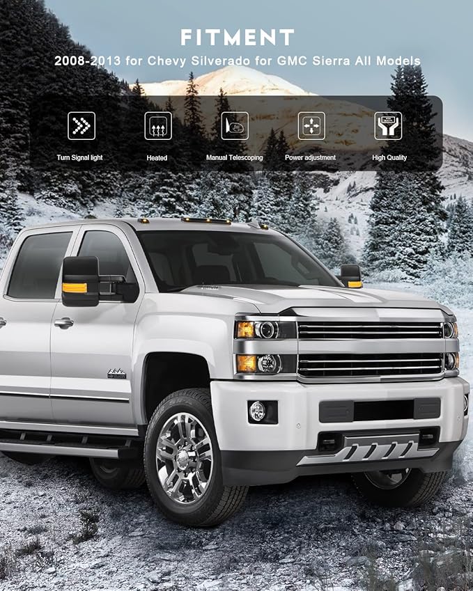 OCPTY Towing Mirrors With Power Heated Left Right Side Tow Mirrors Compatible With For Chevy Silverado Pickup New Body Style Models 2007 For Chevy For Gmc 2007-2014 With Running Lights Lights