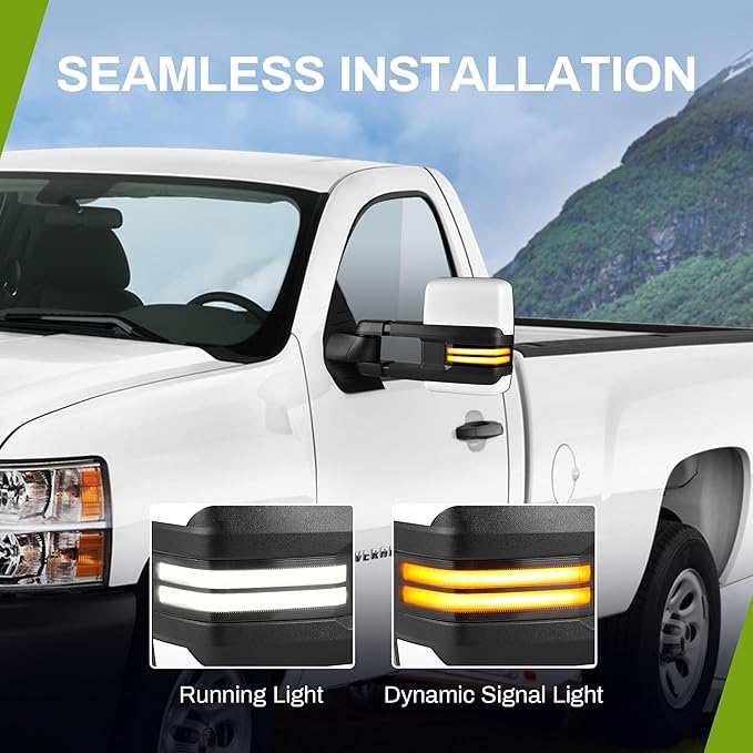 AUTOSAVER88 Towing Mirror Compatible with 2007-2013 Silverado Sierra 1500 2500HD/3500HD/Avalanche/Suburban/Yukon, Power Heated Switchback LED Turn Signal Running Light Manual Telescoping Folding White
