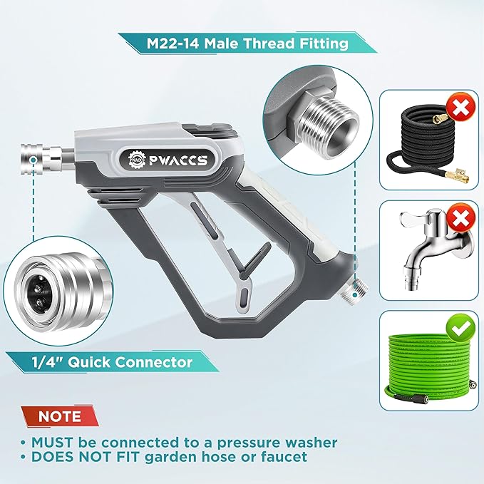PWACCS Pressure Washer Foam Gun with Dual Connector Accessory, Short Power Washer Gun Foam Cannon and Double Tip Attachment Car Wash Kit, 1/4" Quick Connector, M22 Male Inlet, 4000 PSI, 1.5 Liter