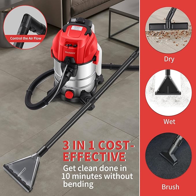 Shop Vacuum Wet and Dry, 6 Gallon, 5.5 Peak HP Power Suction, 3 in 1 Stainless Steel Shop Vac with 4.5L Upholstery Shampoo Tank, Water Vacuum Cleaner Carpet Extractor (Red)