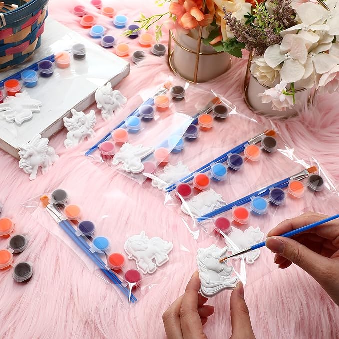 24 Set Unicorn DIY Painting Kit Ceramic to Paint Your Own Unicorn Statues Unpainted Plaster Figurines with Brushes Acrylic Bags Arts and Crafts Kits Party Favor for Adults