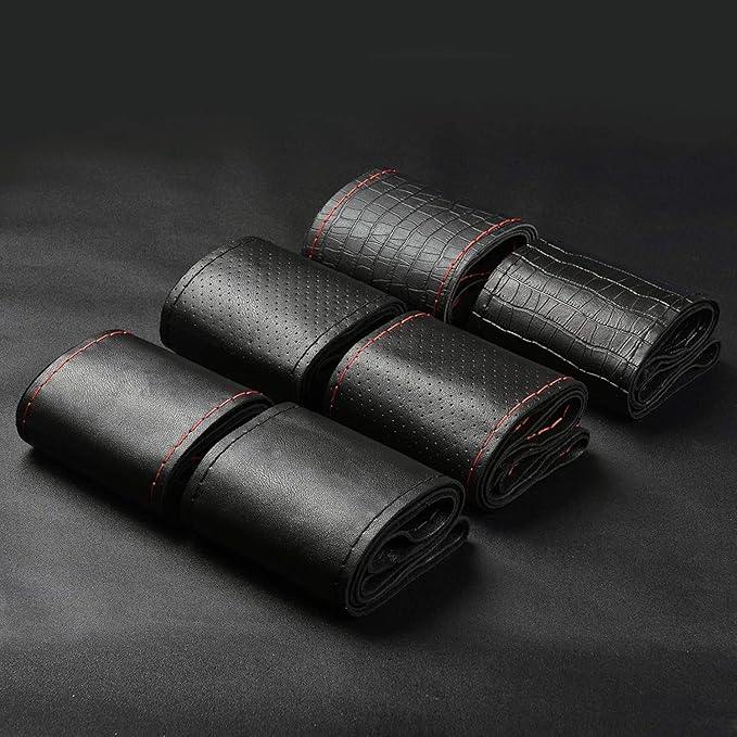 Top Genuine Leather Steering Wheel Cover Universal 15 Inch with Anti-Slip Design and Soft Padding,Steering Wheel Stitch on Wrap