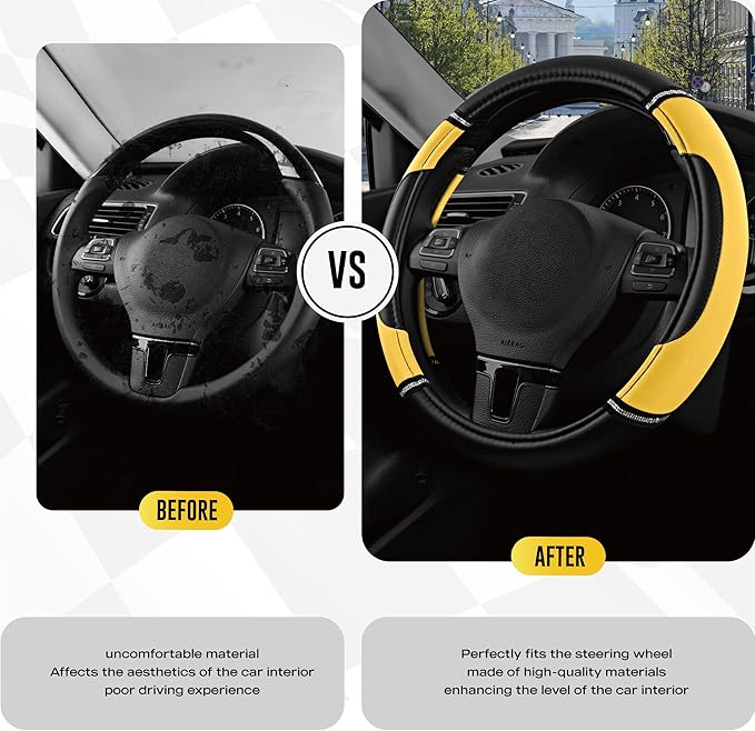 Road Comforts Leather Steering Wheel Cover - Made with PVC Leather - Anti-Slip, Universal Fit 14 1/2 inches to 15 inches - Yellow