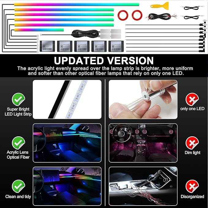 Dreamcolor Acrylic Interior Car LED Strip Light with Wireless APP, RGB 18 in 1 with 175 inches 593 LEDs Fiber Optic Strip Lights for Car, Dynamic Chasing Music Sync Neon Car Ambient Lighting Kits