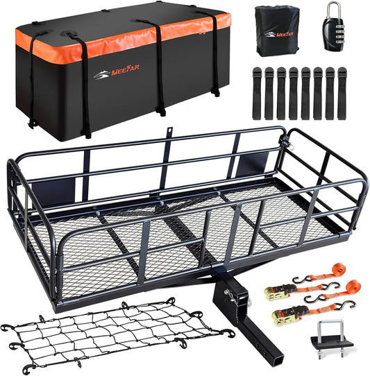 MeeFar High Rail Trailer Folding Hitch Mount Cargo Carrier Basket 60" X 24" X 14"+Waterproof Cargo Bag 20 cu ft(59" 24" 24"), Capacity of 500 Lbs with Hitch Stabilizer, Net, Lock and Straps
