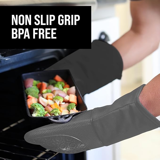 BPA-Free Soft Silicone Oven Mitts - Ultra Heat Resistant Oven Mitts with Thick Cotton Liner - Long Slip Resistant Pot Holders, Flexible Oven Gloves - Gray 13.7"