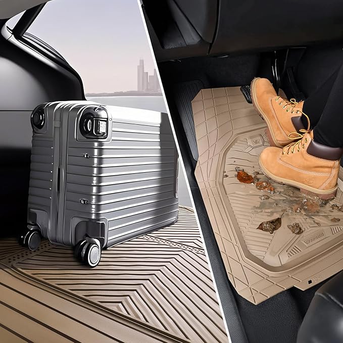 CAR PASS Heavy Duty Rubber Car Mats with Cargo Liner, Deep-Dish Car Floor Mats and Trunk Mat All Weather, Universal Trim-to-Fit for SUVs Trucks Sedans, Waterproof Anti-Slip, Trimmable V12 Beige