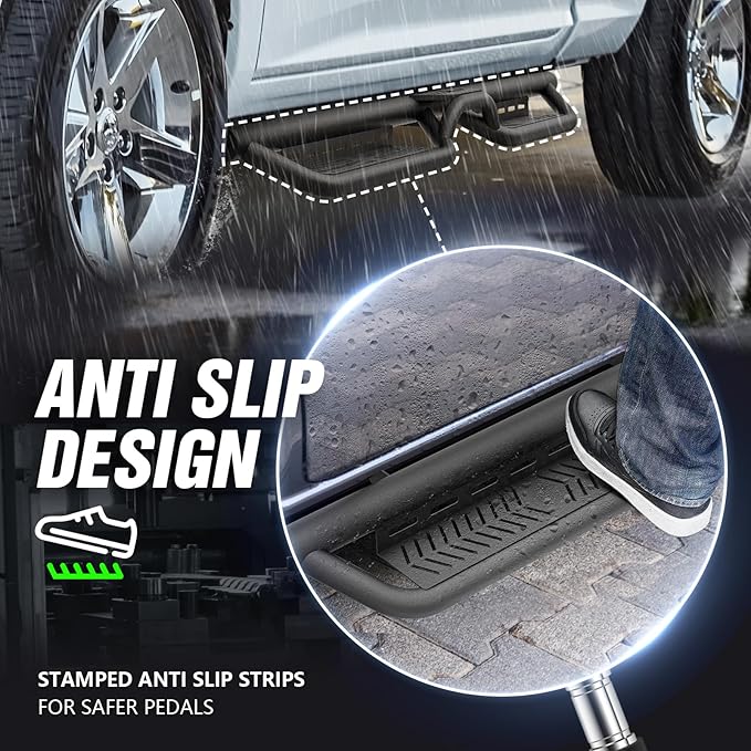 Quad Cab Running Board Side Step Compatible for 2009-2018 Dodge Ram 1500 (Included 2019-2024 1500 Classic), 2010-2024 Ram 2500 3500 Double/Extended Cab, Two Stair Rail Nerf Bar Star Logo