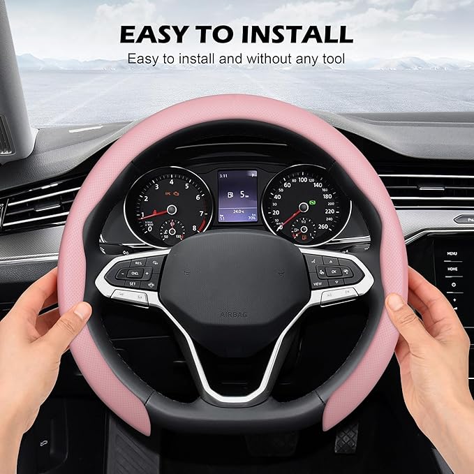 frani Nappa Leather Steering Wheel Cover, Universal 15 Inch Premium Non-Slip Steering Wheel Cover Pink