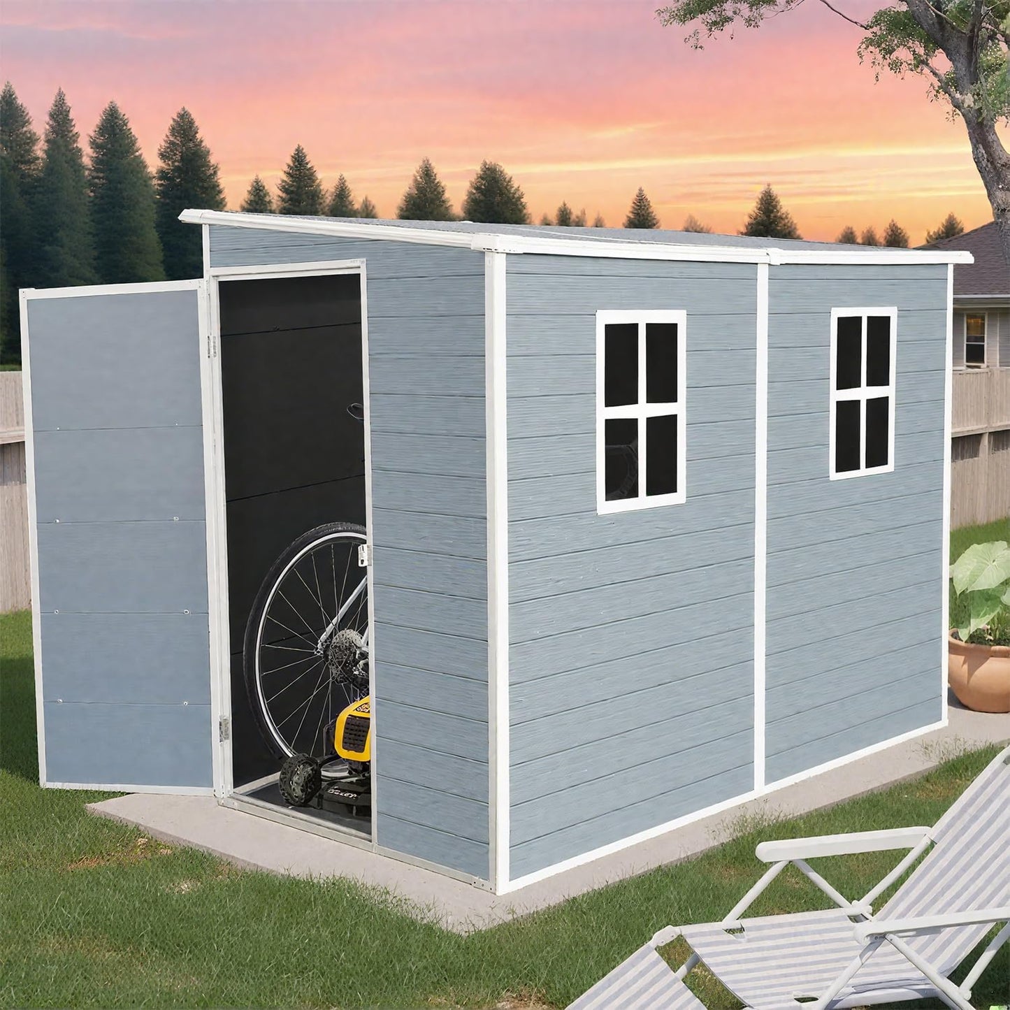 4x8 FT Outdoor Storage Resin Shed with Floor,Waterproof Plastic Garden Bike Shed with Lockable Door, Sloped Roof, Vents & Windows, Easy Assembly Tool Shed for Lawn, Backyard, Patio, Grey