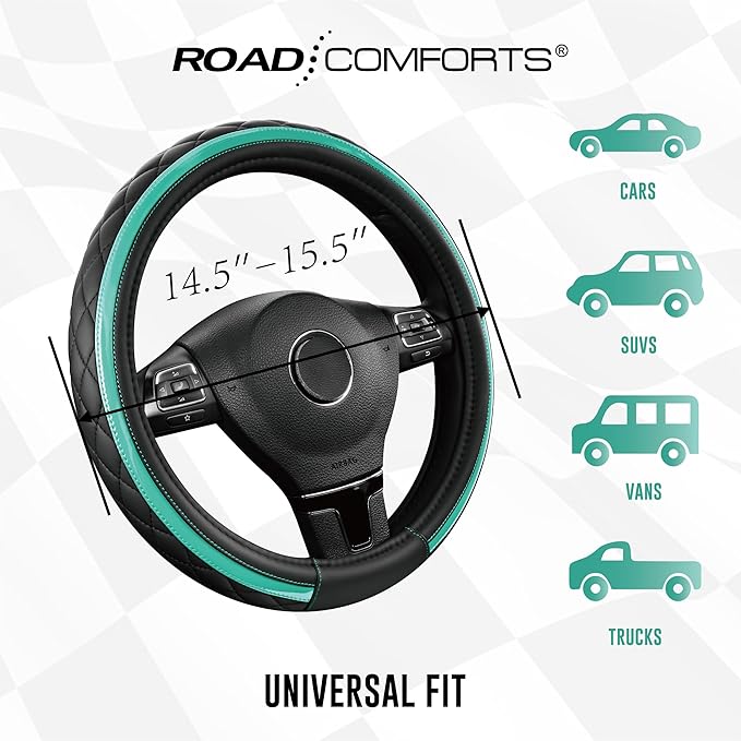 Road Comforts Leather Steering Wheel Cover – Black & Green Universal Fit 14.5-15 Inch, Microfiber Leather, Anti-Slip & Breathable Design for Men and Women