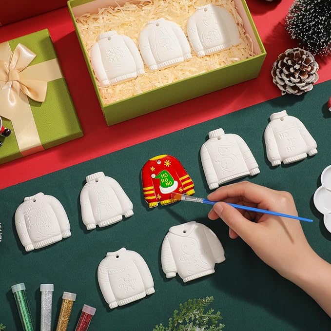 TecUnite 28 Pcs Ceramic to Paint Christmas Ornament Crafts Adults Unpainted DIY Ceramic Figurines Decorate and Paint Your Own Ornaments Kits DIY Craft Xmas Holiday Activities(Ugly Sweater)