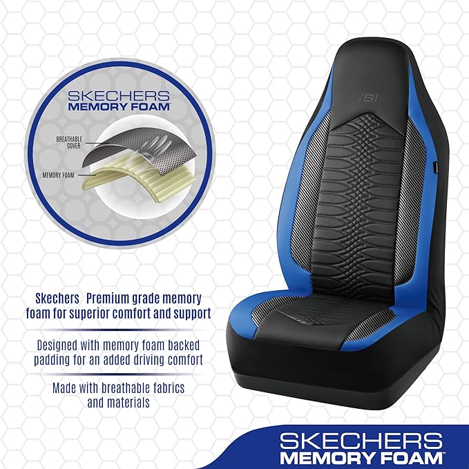 Skechers Memory Foam Car Seat Covers, Leather High Back Seat Covers Quilting Design,Waterproof Sports Car Seat Covers Front Seats,Airbag Compatible, Universal Fit for Most Cars, SUVs,Trucks,Blue