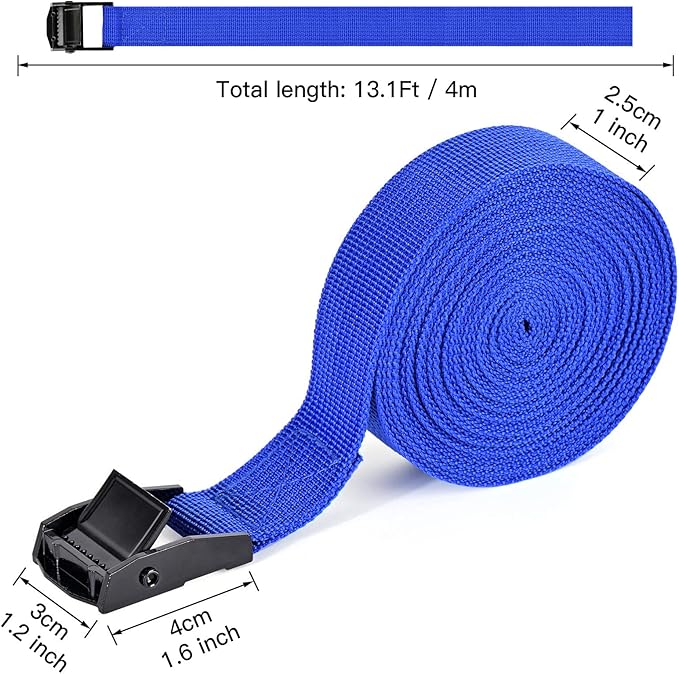 Tie Down Straps 4 Pcs Cam Buckle Strap 13.1' x 1" Adjustable Lashing Cinch Ratchet Tie-Down Straps for Cargo, Trucks, Luggage, Trailer, Motorcycle (Blue)