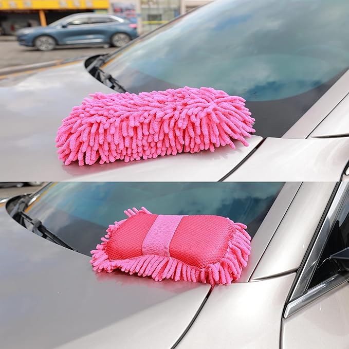 Microfiber Car Wash Sponge-Non-Scratch Wash Mitt-Two Sided Chenille Microfiber Washing Sponge-Mitt for Cars, Trucks, SUVs, Boats(2 Pack Pink)