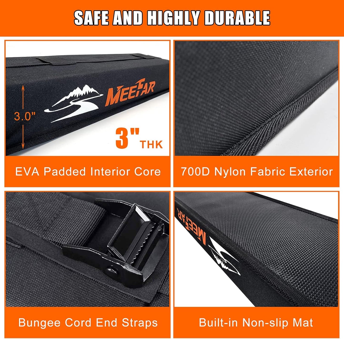 MeeFar Universal Car Soft Roof Rack Pads Luggage Carrier System for Kayak Surfboard SUP Canoe Include 2 Heavy Duty Tie Down Straps, 4 Tie Down Rope, 4 Quick Loop Strap and Storage Bag