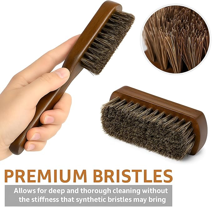 TAKAVU Leather & Upholstery Cleaning Brush Set, 100% Horse Hair Bristle, to Clean Car Seats & Leather Sofas, for Alcantara, Interiors, Furniture, Boots, Shoes, Bags and More