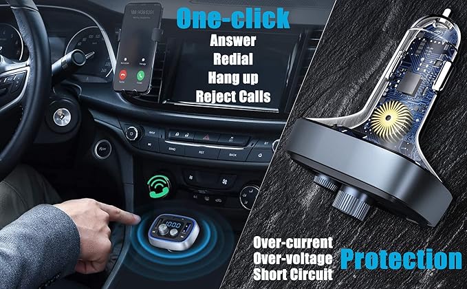 LIHAN USB C Bluetooth Car Adapter, AUX Wireless FM Radio Transmitter, Hands-Free Calling & Audio Receiver, MP3 Music Player, QC3.0 & Type-C PD Fast Charging,7 Colors LED Backlit, Support USB/TF Drive