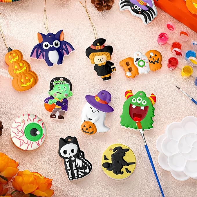 Seenelling 24 Sets Halloween DIY Painting Kits Paint Your Own Ceramics Pumpkin Ghost Unpainted Plaster Statues Arts and Crafts with Brush, Lanyard for Kids Halloween Gifts Party Decor (Classic)