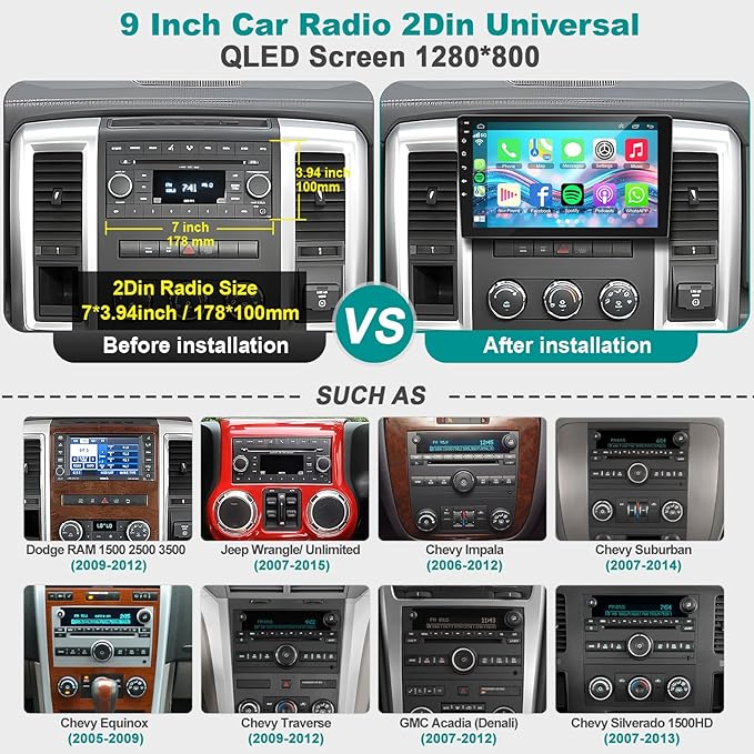 8 Core QLED Screen 1280 * 800 Car Radio Double Din Android 13 GPS Navigation Stereo with Wireless Carplay Android Auto, FM/AM, Bluetooth,Steering Wheel Control,DSP