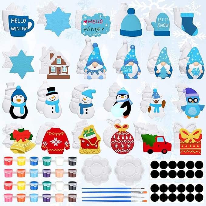 Simgoing 24 Sets Christmas Winter Ceramics to Paint Set Gnomes Ready to Paint 24 Unpainted Ceramics with Acrylic Brushes Magnets DIY Snowflake Snowman for Winter