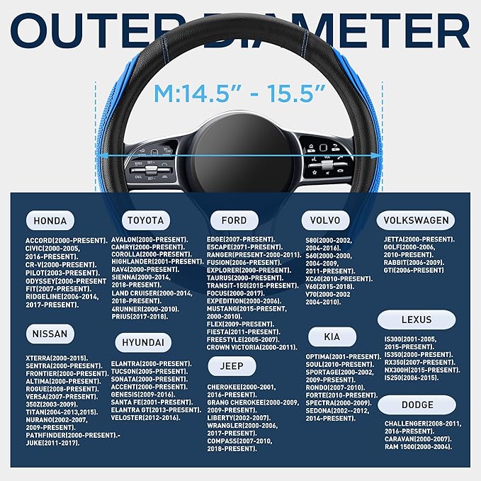 Road Comforts Car Steering Wheel Cover - Microfiber Leather Steering Wheel Wrap Sports 14.5-15 Inch Steering Wheel Cover Non-Slip for Men Women Blue Color