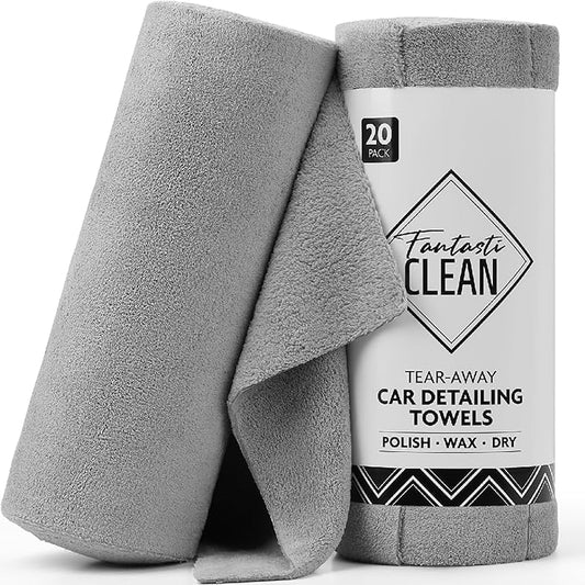 Fantasticlean Microfiber Towels for Cars, Tear Away Car Detailing Cloth Roll, RV Boat Drying Polishing, Edgeless Plush, Coral Fleece, Ultra Absorbent, Scratch-Free, 14" x 14", 20 Pack (Grey)