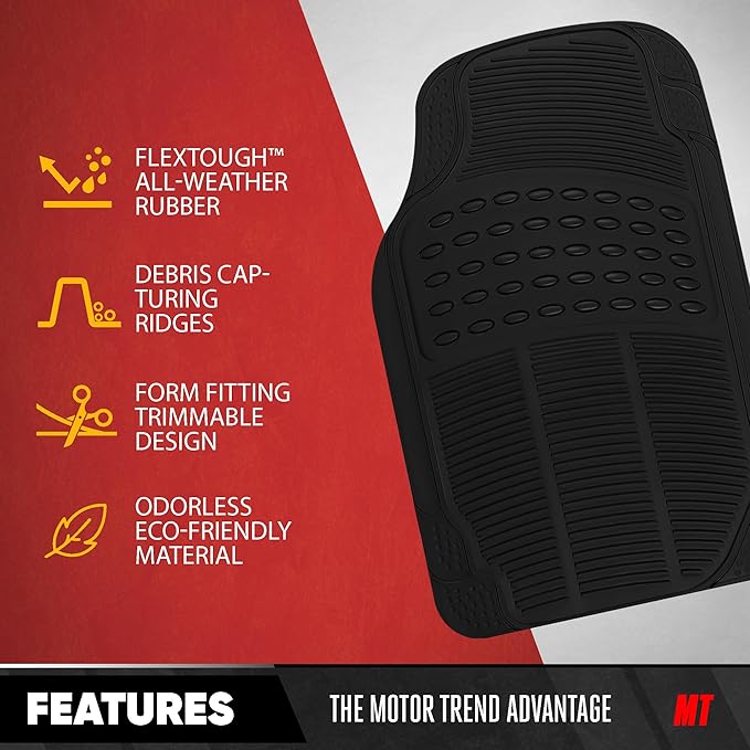 BDK Proliner All Weather Rubber Auto Floor Mats and Trunk Cargo Liner - Front & Rear Heavy Duty Set Fit for Car SUV Van and Truck, Black, 4 Pieces (Trim to Fit)