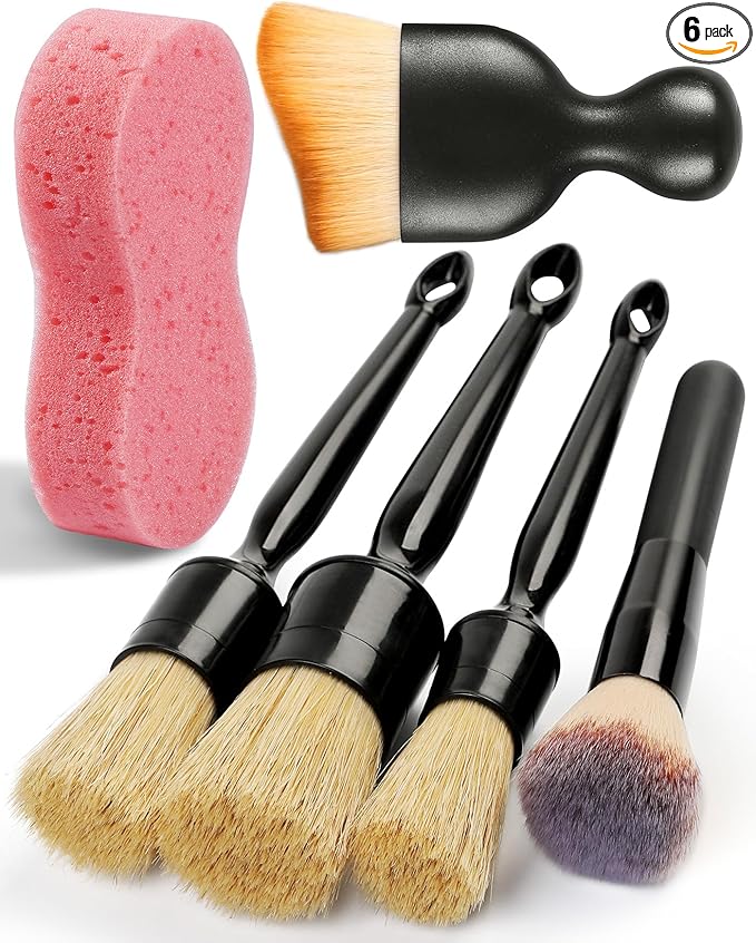 6PCS Car Detailing Brush Set, Ultra Soft Boars Hair Detail Brushes, Automotive Cleaning Brush Kit for Wheels, Air Vent, Leather Seats, Vehicles Auto Exterior Interior Detailing Brushes Tool