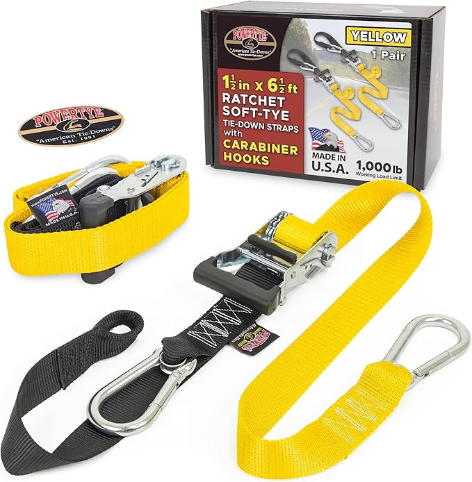 PowerTye 1.5 inch x 6.5ft Heavy Duty Ratchet Tie Down Straps with Carabiner Hooks & Sewn-in Soft-Tye, for Motorcycle, ATV, Trailer & Cargo - 1,000 lb WLL - Made in USA - Yellow/Black Pair