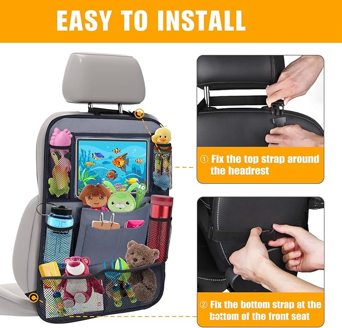 Car Backseat Organizer with 11" Table Holder, 10 Storage Pockets Seat Back Protectors Kick Mats for Kids Toddlers, Travel Accessories, 2 Pack, Gray