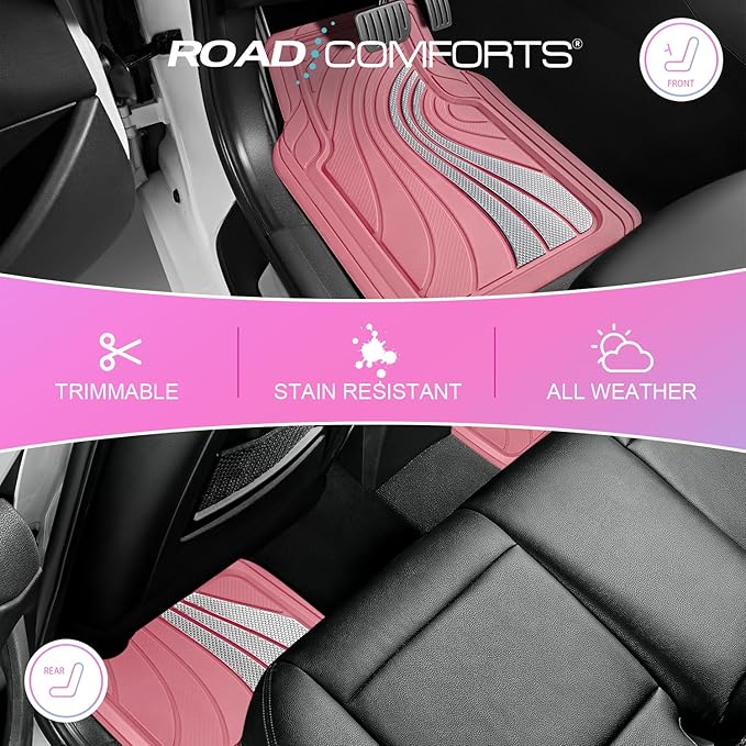 Road Comforts Car Floor Mats Full Set – Front & Rear Car Floor Mats with Aluminum Design, Anti-Slip Backing, All-Weather Protection, Trim-to-Fit Car Mats for Most Sedans, SUVs & Vans -All Pink
