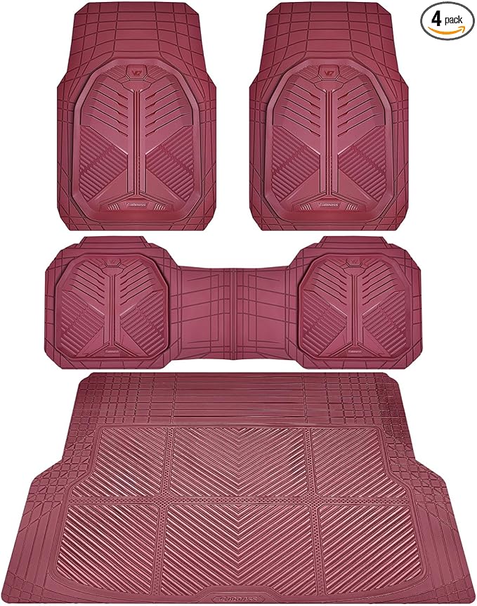 CAR PASS Heavy Duty Rubber Car Mats with Cargo Liner, Deep-Dish Car Floor Mats and Trunk Mat All Weather, Universal Trim-to-Fit for SUVs Trucks Sedans, Waterproof Anti-Slip, Trimmable V12 Burgundy