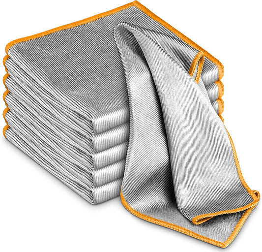 Glass Polishing Cloth Streak Free Miracle Microfiber Cleaning Cloth Lint Free Cleaning Rags for Glasses Kitchen Dish Mirrors Easy Clean, Pack of 6, 12" x 12", Sliver-Orange