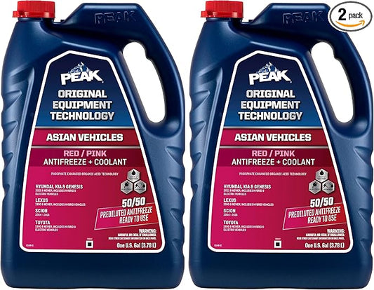 PEAK OET Extended Life Red/Pink 50/50 Prediluted Antifreeze/Coolant for Asian Vehicles, 1 Gal. (Pack of 2)