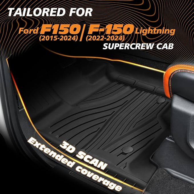 Floor Mats for 2015-2025 Ford F150 SuperCrew Cab Including 22-25 Lightning w/o Fold Flat Storage |Custom Fit| Front & Rear | Front Bucket | All-Weather Car Liners for Trucks
