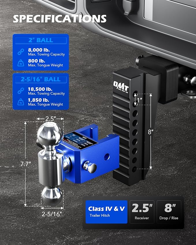 Orion Motor Tech Adjustable Trailer Hitch, Heavy Duty 2.5 inch Receiver Hitch, 8" Drop Hitch with 2" & 2-5/16" Balls, 360° Dual-Ball Mount with 18500lb Towing Capacity for Class IV & V Vehicles